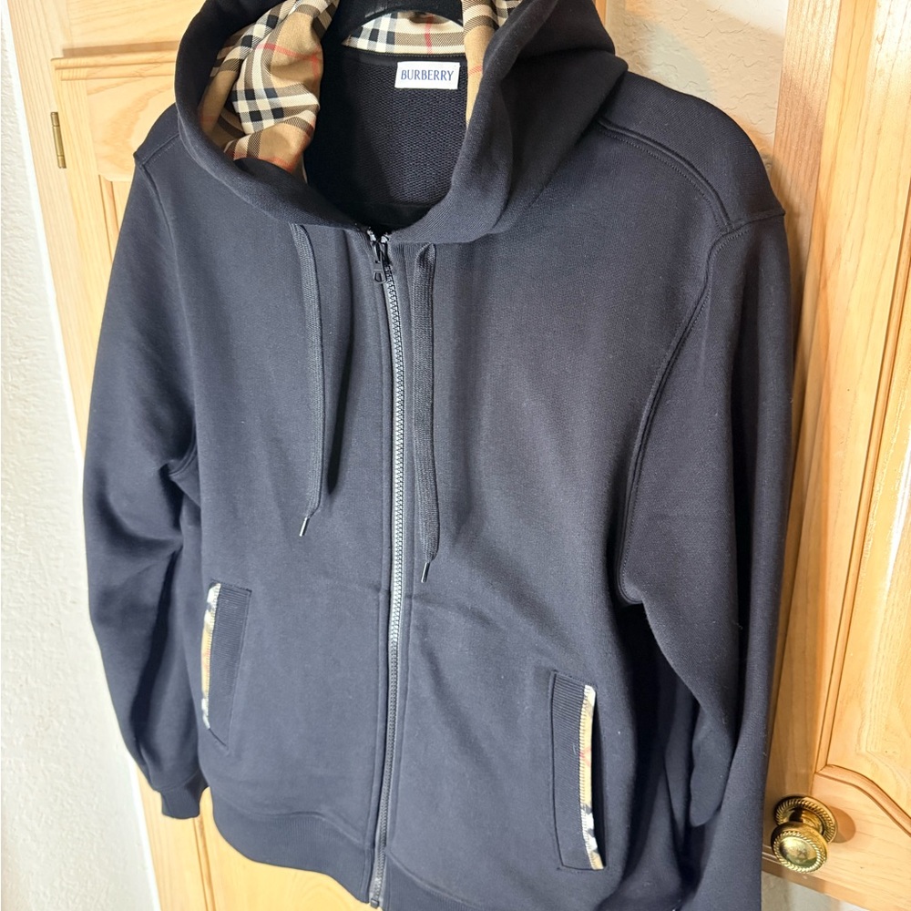 Burberry Black Zip-Up Hoodie with Classic Check Trim - Picture 2 of 7